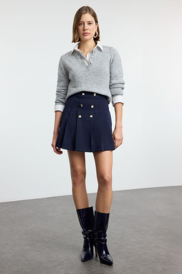 Trendyol Navy Blue Button Detail Pleated Weaving Skirt