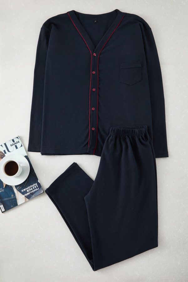 Trendyol Navy Blue Buttoned Knitted Pajama Set