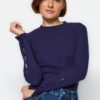 Trendyol Navy Blue Buttoned Ribbed High Neck Fitted/Situated Cotton Stretch Knit Blouse
