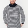 Trendyol Navy Blue Casual Oversize Fit Turtleneck Striped Knitwear Sweater