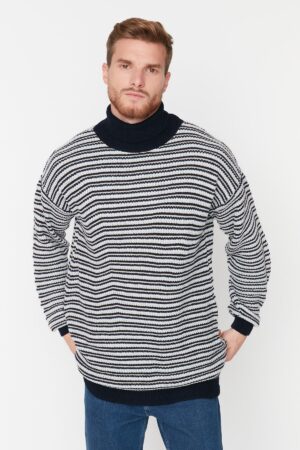 Trendyol Navy Blue Casual Oversize Fit Turtleneck Striped Knitwear Sweater