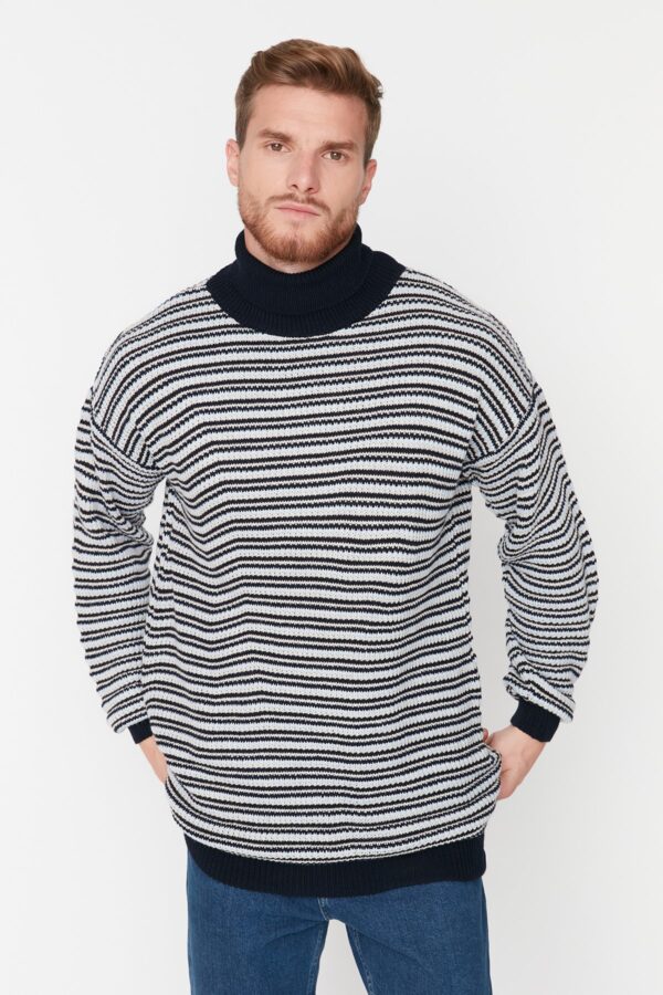 Trendyol Navy Blue Casual Oversize Fit Turtleneck Striped Knitwear Sweater