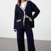 Trendyol Navy Blue Color Block Gold Buttoned Pocket Cardigan-Trousers Knitwear Bottom-Top Set