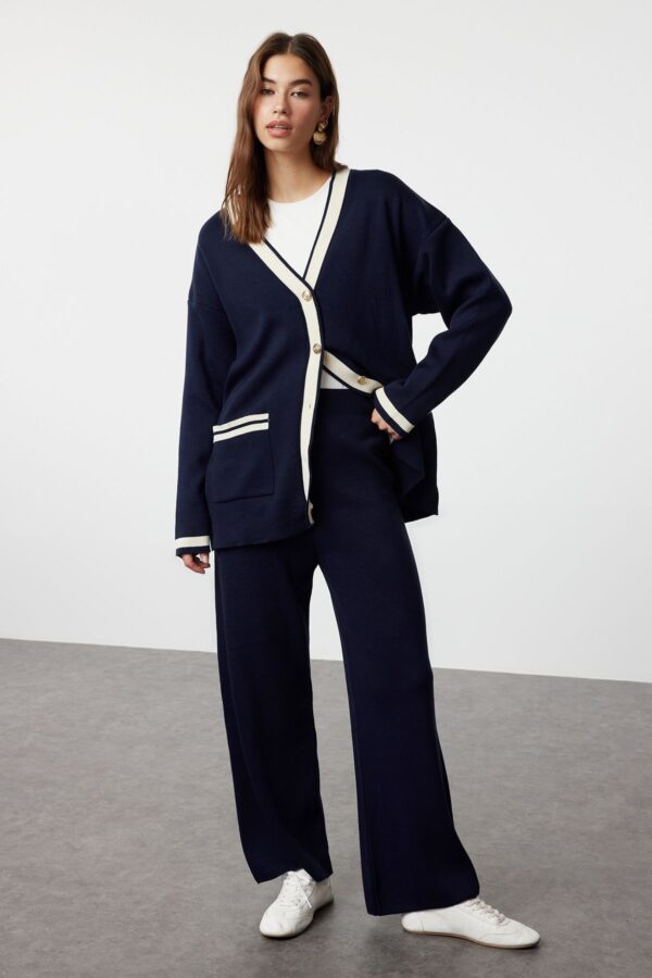 Trendyol Navy Blue Color Block Gold Buttoned Pocket Cardigan-Trousers Knitwear Bottom-Top Set
