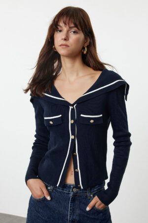 Trendyol Navy Blue Color Block Turn-down Collar Knitwear Cardigan Trendyol Navy Blue Color Block Turn-down Collar Knitwear Cardigan