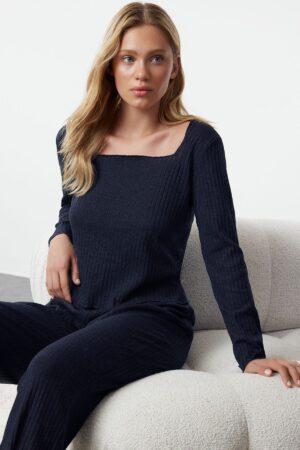 Trendyol Navy Blue Corduroy Knitted Pajamas Set