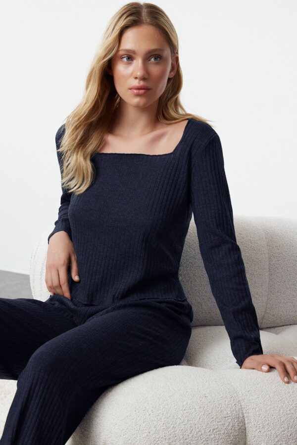 Trendyol Navy Blue Corduroy Knitted Pajamas Set