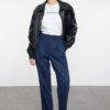 Trendyol Navy Blue Cotton Carrot Pattern Stripe Detailed Woven Trousers