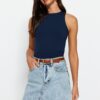 Trendyol Navy Blue Cotton Halter Neck Fitted/Slippery Knitted Undershirt