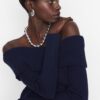 Trendyol Navy Blue Crop Carmen galléros kötöttáru pulóver