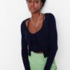 Trendyol Navy Blue Crop Tie részletes blúz- Cardigan kötöttáru öltöny Kötöttáru Cardigan