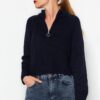 Trendyol Navy Blue Crop Zipper Detailed Knitwear Sweater