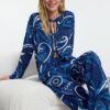 Trendyol Navy Blue Ethnic Patterned Tie/Ribbon/Bow Detailed Viscose Woven Pajama Set