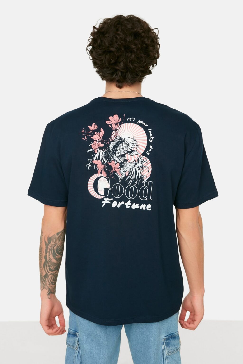 Trendyol Navy Blue Férfi Széles Vágott Crew Nyak Rövid ujjú nyomtatott póló
