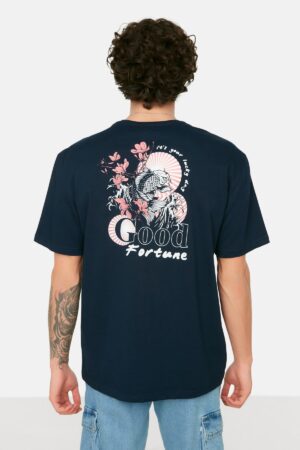 Trendyol Navy Blue Férfi Széles Vágott Crew Nyak Rövid ujjú nyomtatott póló