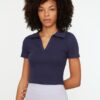 Trendyol Navy Blue Fitted/Sticky Crop Polo Neck Corduroy Knitted Blouse