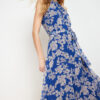 Trendyol Navy Blue Floral Print Belted A-line Halter Neck Sleeveless Midi Lined Woven Dress