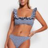 Trendyol Navy Blue Gingham texturált Bralette Flounceed Bikini Top