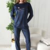 Trendyol Navy Blue Heart and Slogan Embroidered Velvet Knitted Pajama Set