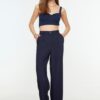 Trendyol Navy Blue High Derék széles szár / Széles szárú csíkos szőtt nadrág