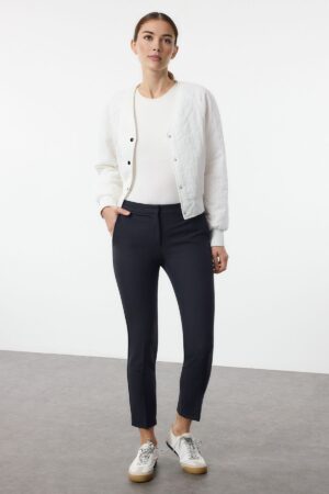 Trendyol Navy Blue Iron-Traced Skinny Pattern Elastic Waist Detailed Woven Trousers