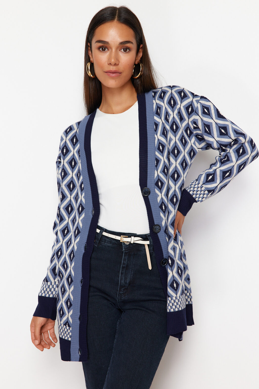 Trendyol Navy Blue Jacquard Button Detailed Knitwear Cardigan