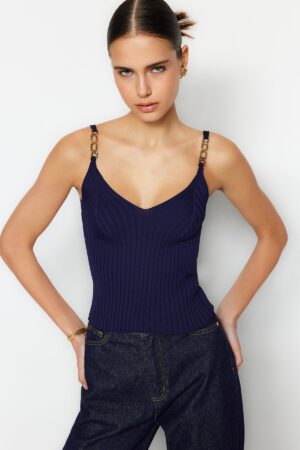 Trendyol Navy Blue Knitwear Blouse with Accessory Detail Trendyol Navy Blue Knitwear Blouse with Accessory Detail