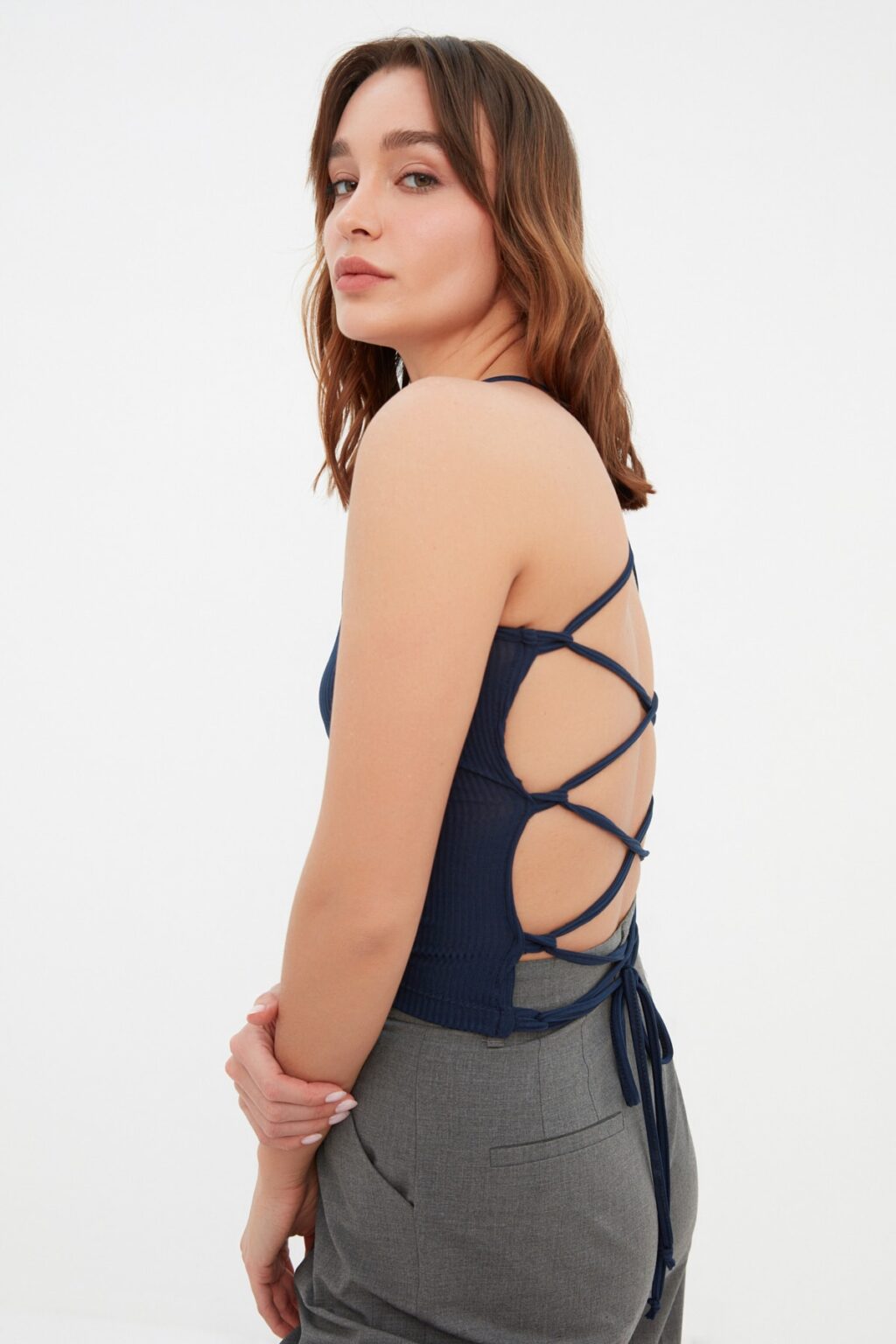 Trendyol Navy Blue Low-Cut Back Fitted/Slee-Down Ribbed