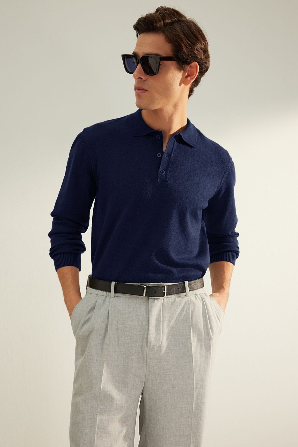 Trendyol Navy Blue Men's Regular Polo Collar Plain Knitwear Sweater
