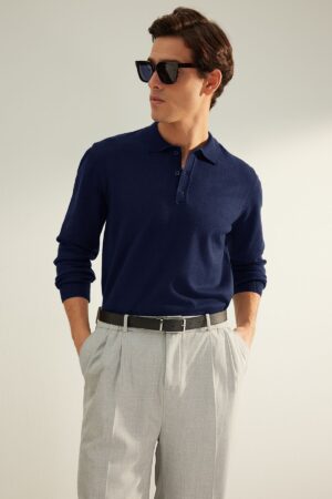 Trendyol Navy Blue Men's Regular Polo Collar Plain Knitwear Sweater