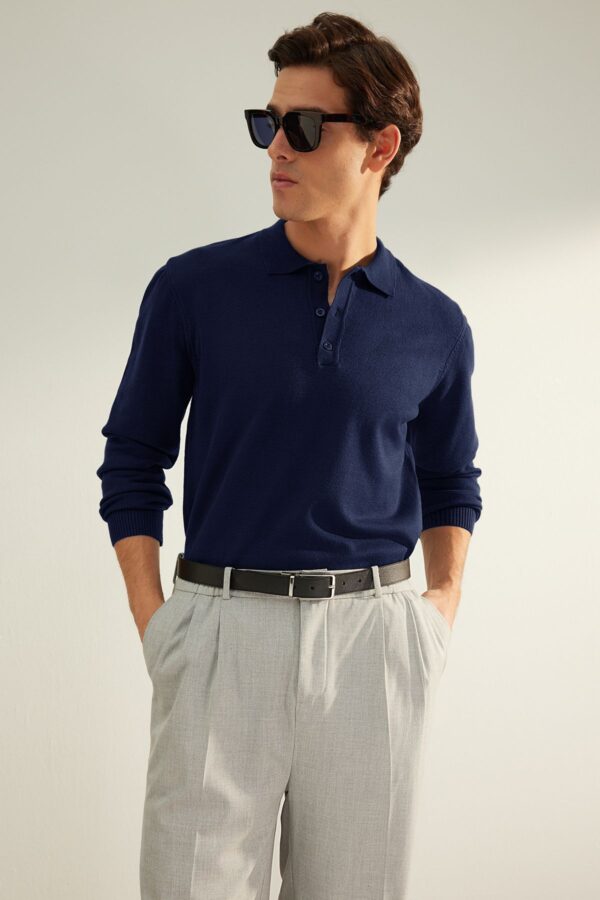 Trendyol Navy Blue Men's Regular Polo Collar Plain Knitwear Sweater