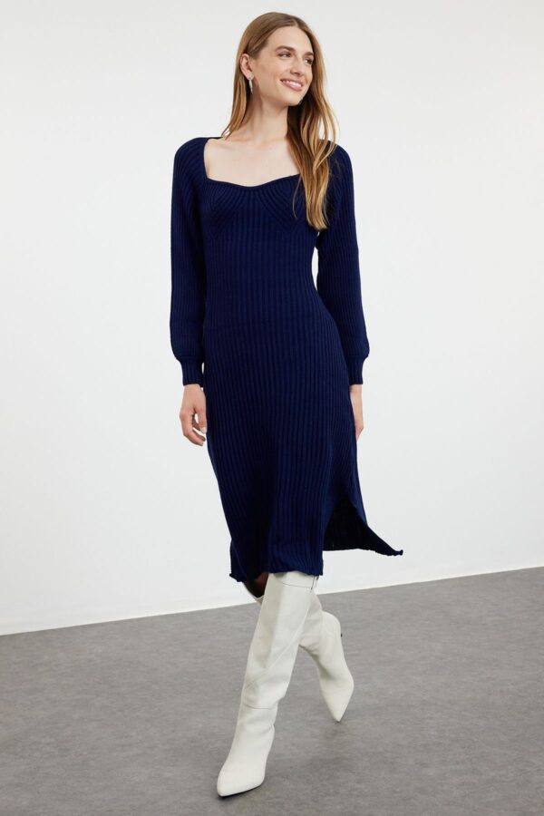 Trendyol Navy Blue Midi Knitwear Sweetheart Neckline Dress