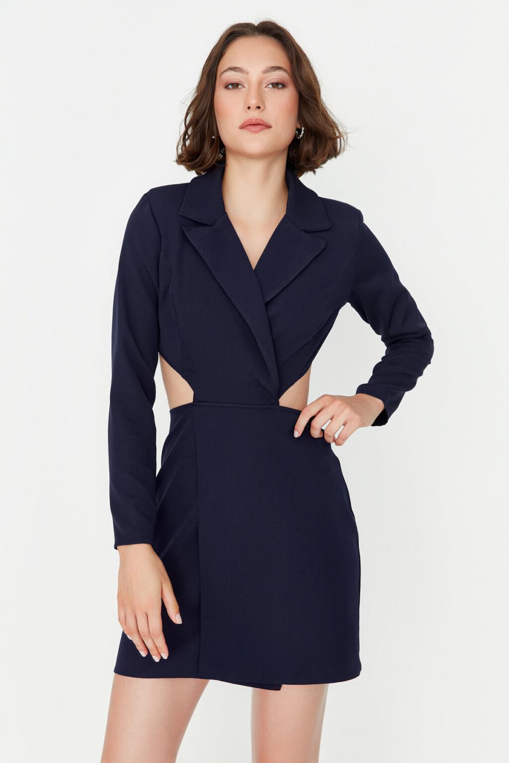 Trendyol Navy Blue Mini szőtt kivágott részletes kabát szőtt ruha