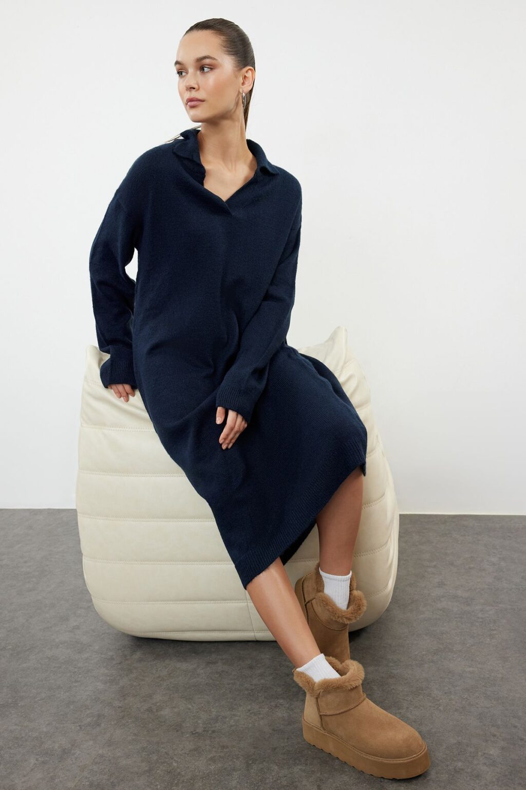 Trendyol Navy Blue More Sustainable Midi Knit Soft Texture Dress