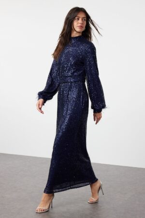 Trendyol Navy Blue Otrish Detailed Sequined Evening Dress