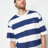 Trendyol Navy Blue Oversize Text Embroidered Striped 100% Cotton T-Shirt