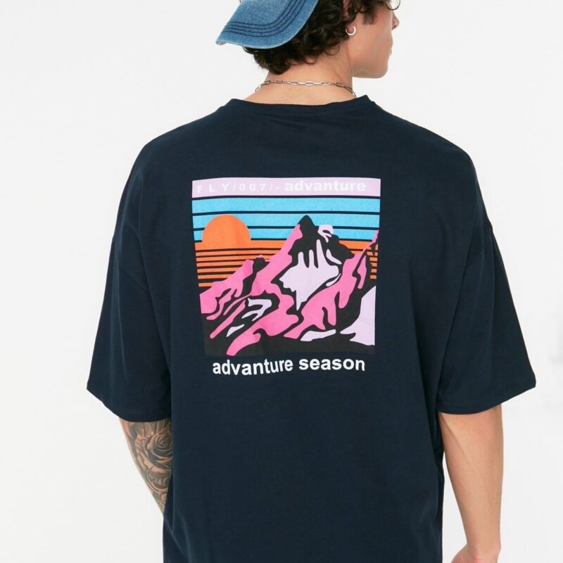Trendyol Navy Blue Oversize/Wide Cut 100% Cotton Short Sleeve Printed T-Shirt