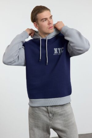Trendyol Navy Blue Oversize/Wide Cut Color Block City Embroidered Fleece Hooded Sweatshirt