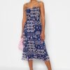 Trendyol Navy Blue Patterned Cross Back Detailed Strap Sweetheart Neck Midi Knitted Dress