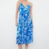 Trendyol Navy Blue Patterned Waist Opening Midi Double Breasted Pleated Adjustable Strapped Knitted Dress