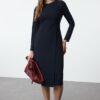Trendyol Navy Blue Plain Midi Thessaloniki Wrap Midi Flexible Knit Dress