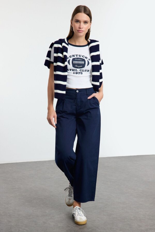 Trendyol Navy Blue Pleated High Waist Denim Barrel Trousers