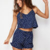 Trendyol Navy Blue Polka Dot Ruffle Detail Woven Pajama Set with Rope Strap Viscose Shorts