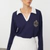 Trendyol Navy Blue Polo Neck Embroidery and Poplin Garni Detailed Oversize/Wide Pattern Knitted T-Shirt