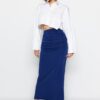 Trendyol Navy Blue Premium with a Glossy Finish and Soft Textured Draping Maxi Knitted Skirt