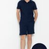 Trendyol Navy Blue Regular Cut Textured Fabric Labeled Polo Collar Tracksuit Set