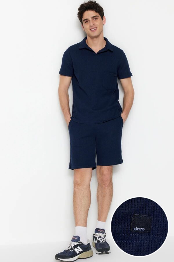 Trendyol Navy Blue Regular Cut Textured Fabric Labeled Polo Collar Tracksuit Set