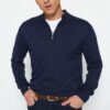 Trendyol Navy Blue Regular Fit Cotton Half Turtleneck Zippered Collar Smart Knitwear Sweater