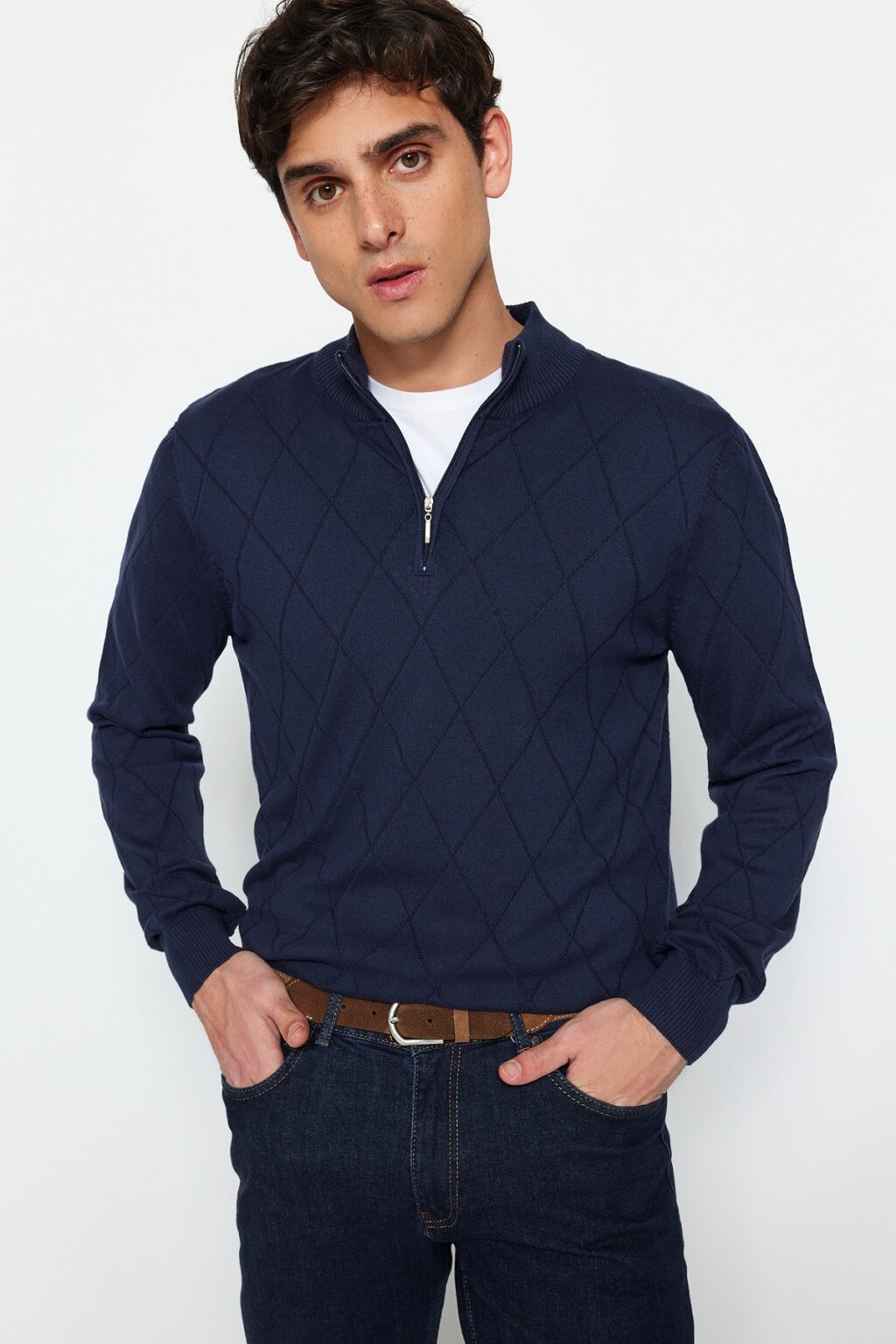 Trendyol Navy Blue Regular Fit Cotton Half Turtleneck Zippered Collar Smart Knitwear Sweater