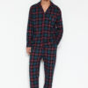 Trendyol Navy Blue Regular Fit Plaid Knitted 100% Cotton Pajama Set